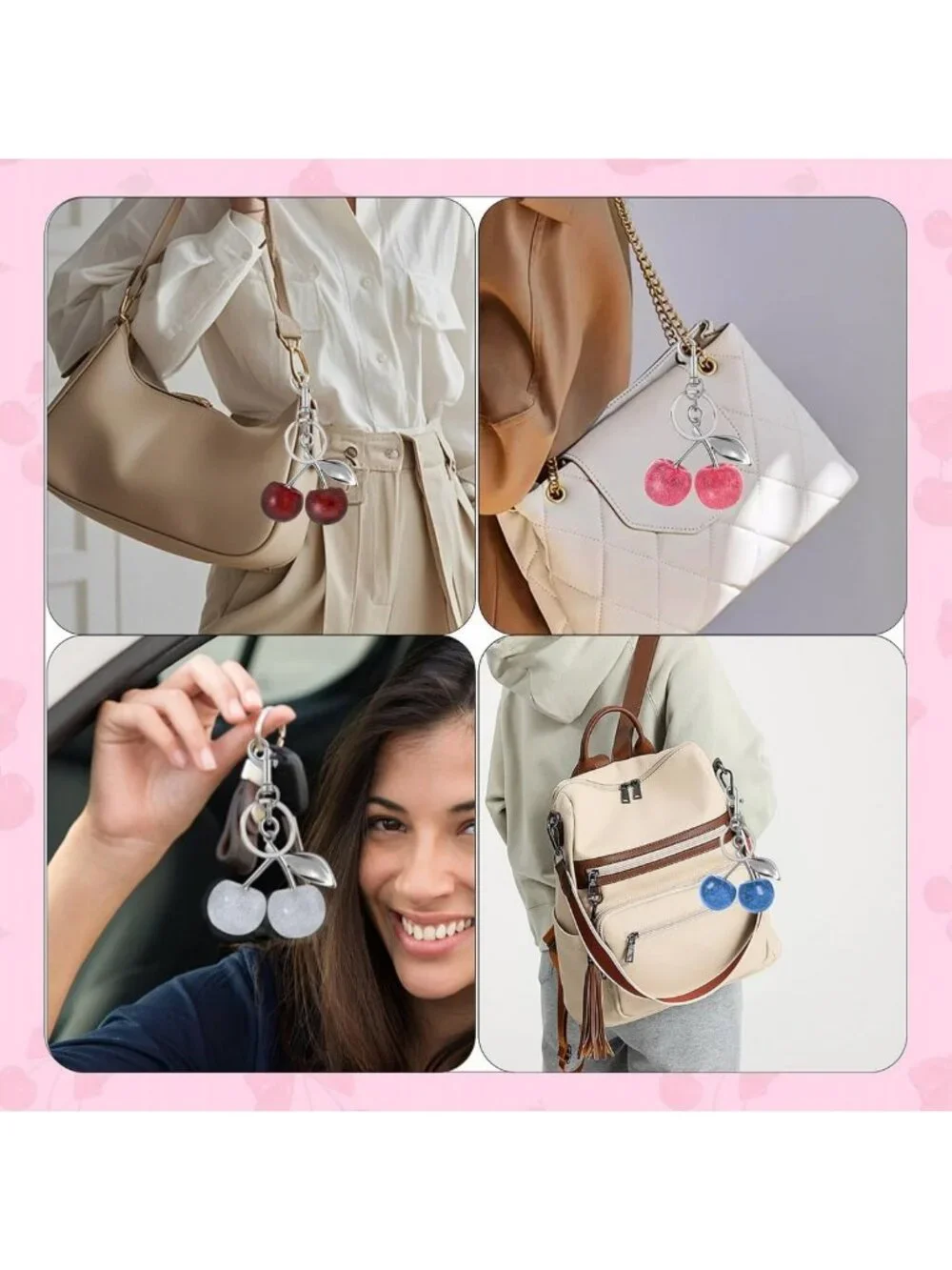 Adorable Cherry Bag Charm Set | Bling Gold & Silver Keychain for Handbags